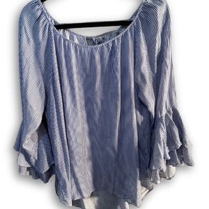 Navy/ wht striped ruffle sleeve top, bathing suit coverup